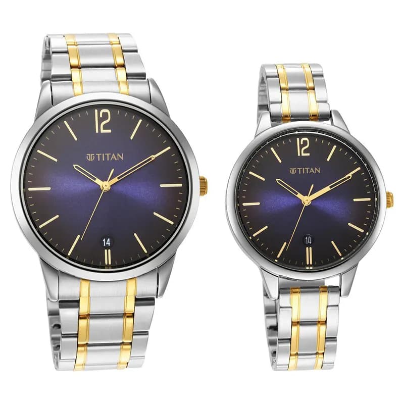 Titan Date Blue Dial Two-Tone Couple Watch | 18062617BM01