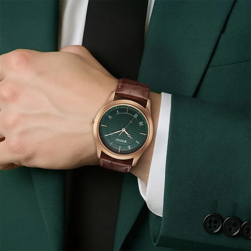 Titan Karishma Green Dial Brown Leather Men's Watch | 1823WL02 secondary view