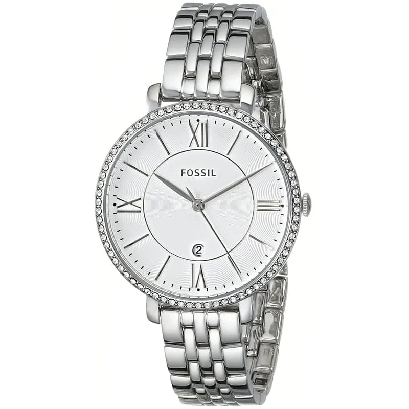 Fossil Jacqueline Silver Dial Crystal Bezel Date Ladies Watch | ES3631