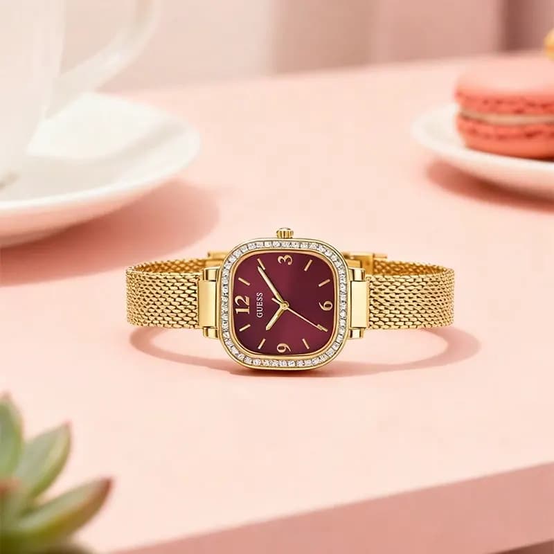 Guess Tapestry Burgundy Dial Gold-Tone Ladies Watch | GW0354L4