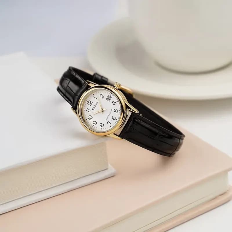 Casio White Dial Date Black Leather Ladies Watch | LTP-V002GL-7B2