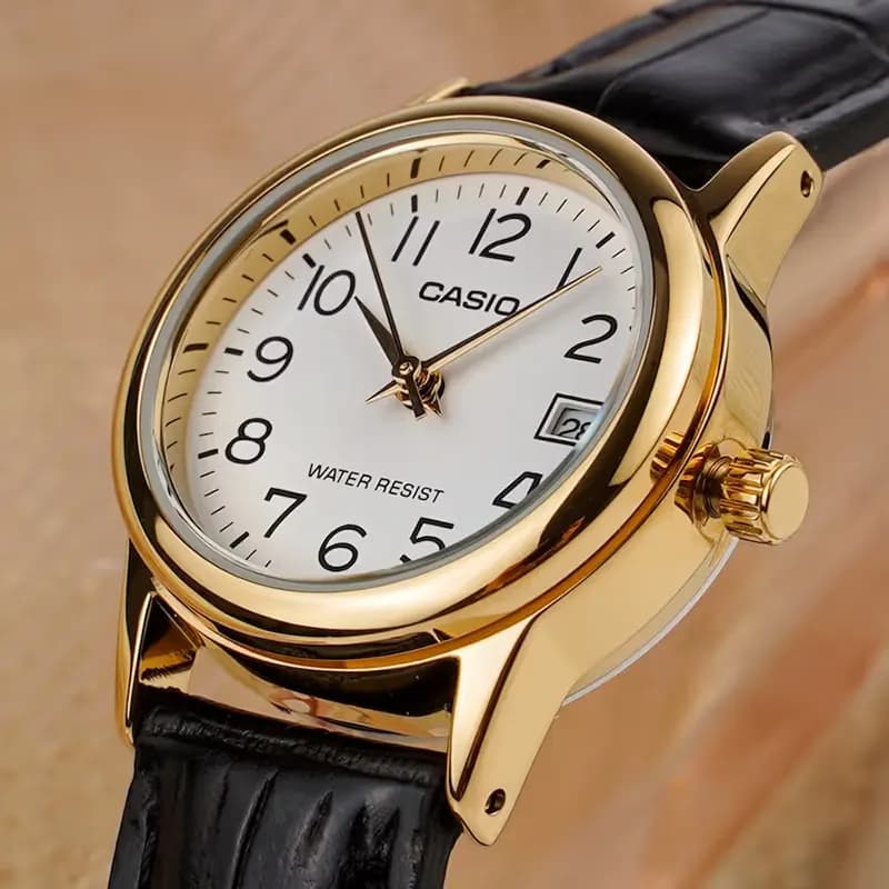Casio White Dial Date Black Leather Ladies Watch | LTP-V002GL-7B2