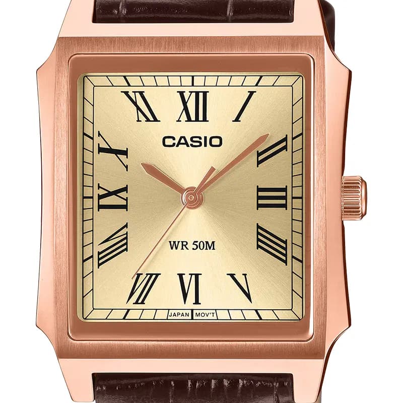 Casio Enticer Tank Style Champagne Dial Leather Men's Watch | MTP-B190RGL-9BV