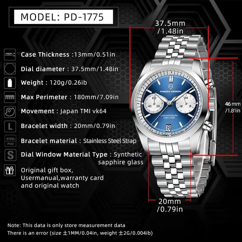 Pagani Design PD-1775 Mecha-Quartz Chronograph Blue Dial Men's Watch