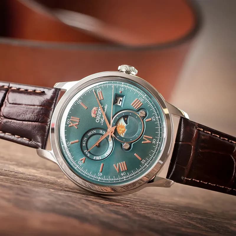 Orient Bambino Sun & Moon Green Dial Men's Watch | RA-AK0805E