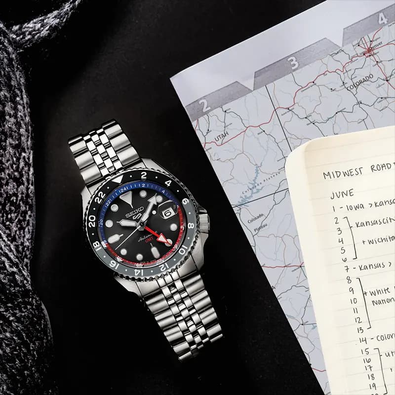 Seiko 5 Sports GMT Pepsi Charcoal Dial Men’s Watch | SSK019J1