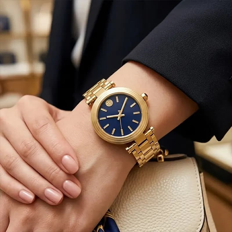 Tory Burch Classic T Blue Dial Gold-Tone Ladies Watch | TBW9010