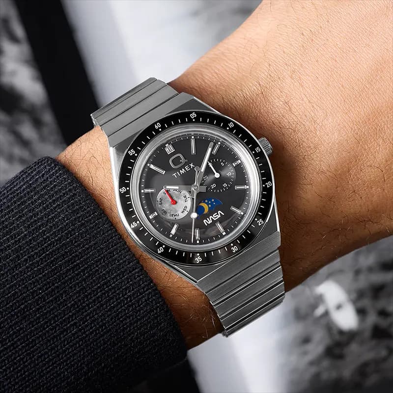 Q Timex NASA 40mm Multifunction Moonphase Black Dial Men's Watch | TW2Y56700