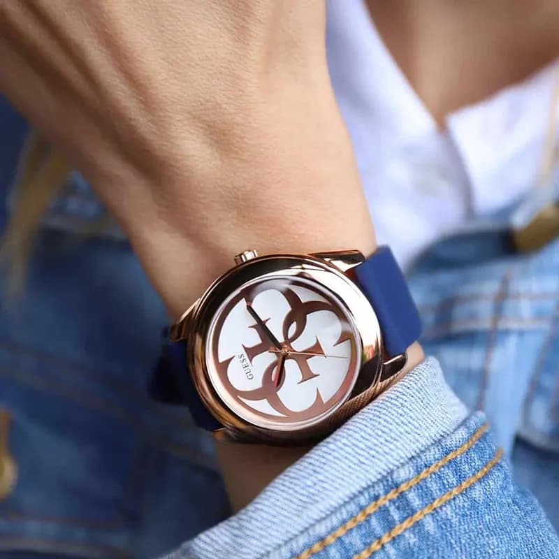 Guess G-Twist Rose Gold Dial Blue Silicone Ladies Watch | W0911L6