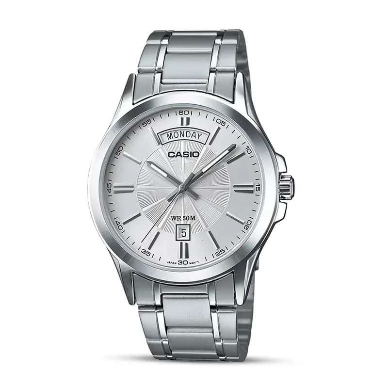 Casio Enticer Day-Date Silver Dial Men's Watch | MTP-1381D-7AV