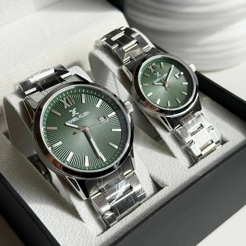 Daniel Klein Green Dial Silver-tone Couple Set | DK.1.13839-3