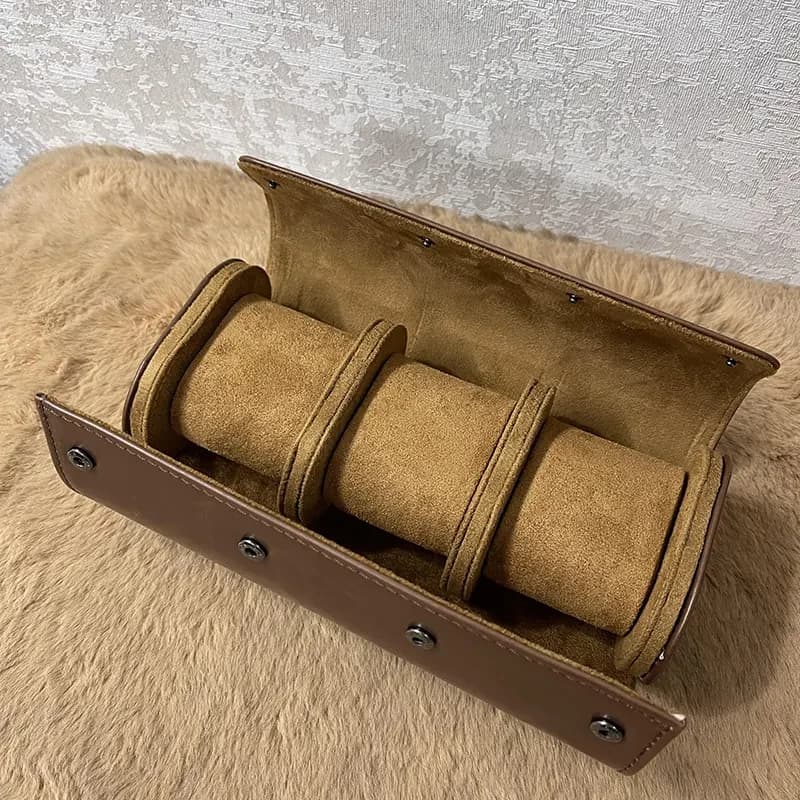 3 Slots Premium Brown Leather Travel Watch Box