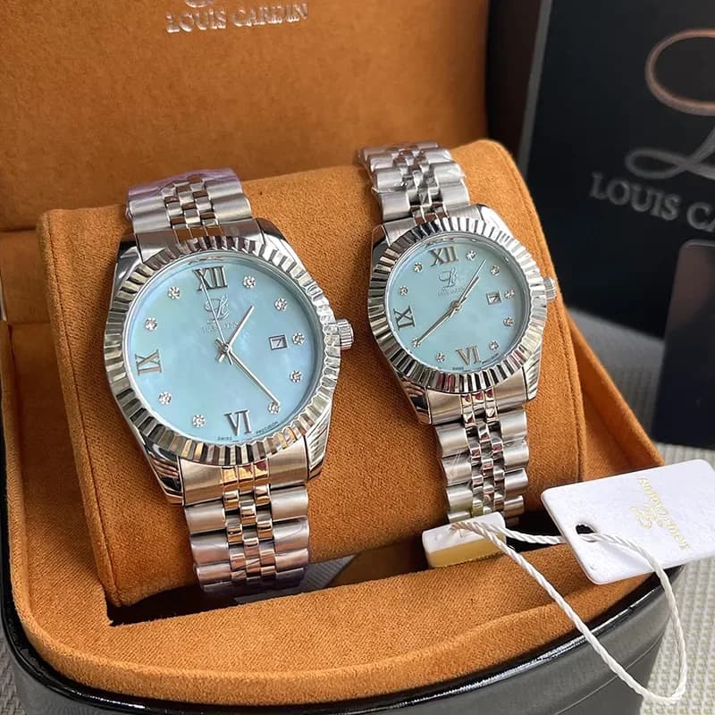 Louis Cardin Tiffany Blue Dial Silver-tone Couple Set | 1800G/8800L