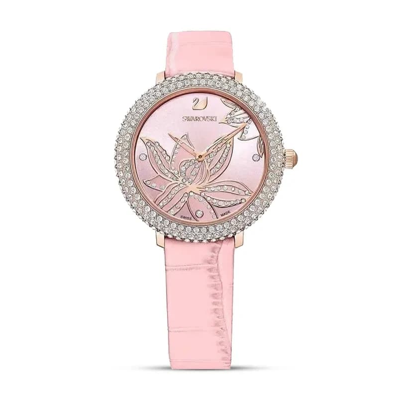 Swarovski Crystal Frost Pink Floral Dial Leather Ladies Watch | 5575217