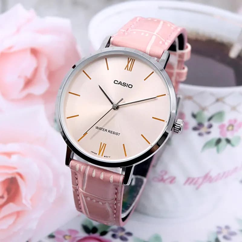 Casio LTP-VT01L-4B Cream Dial Pink Leather Ladies Watch