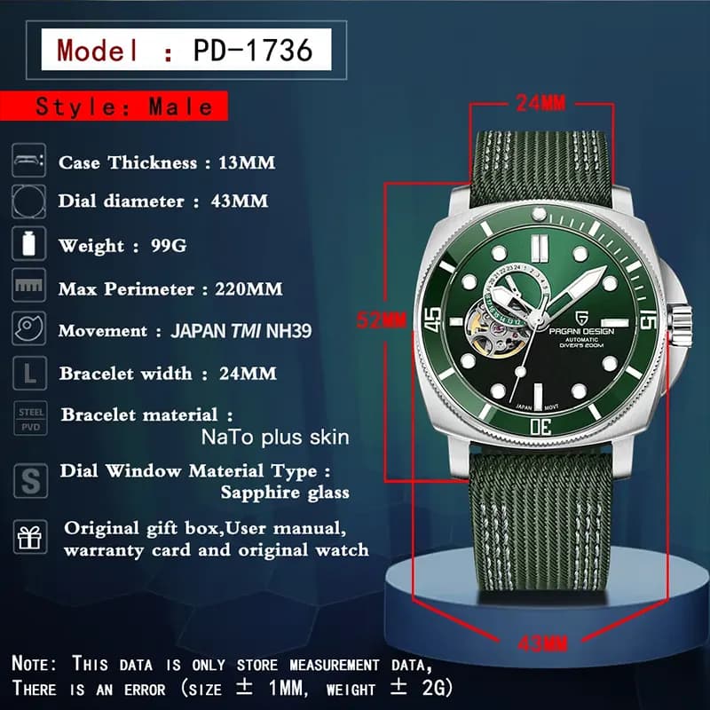 Pagani Design PD-1736 Open Heart Automatic Green Dial Men's Watch