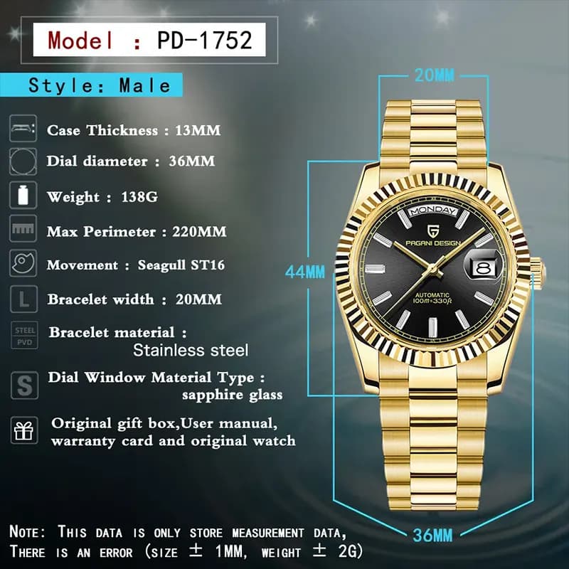 Pagani Design PD-1752 Day-Date Black Dial Gold-tone Men's Watch