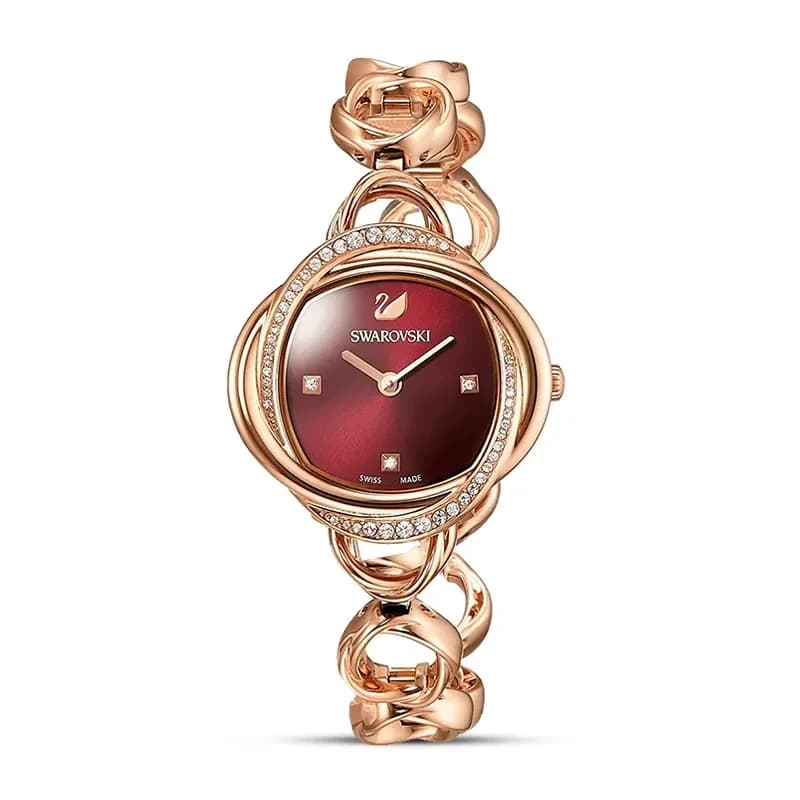 Swarovski Crystal Flower Red Dial Rose Gold-Tone Ladies Watch | 5552783